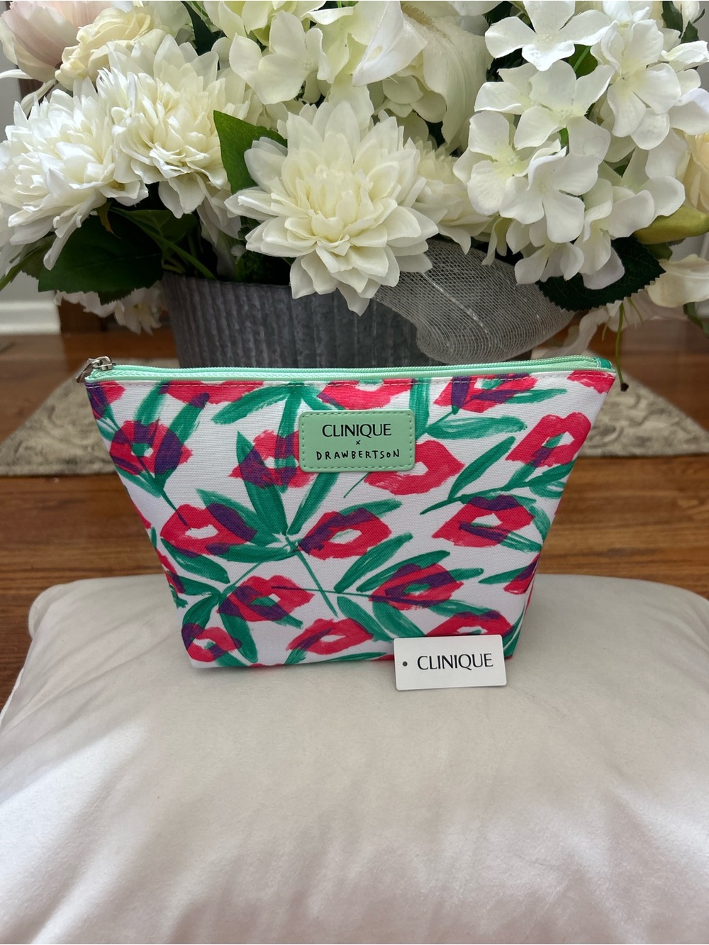Clinique x Drawbertson Floral Cosmetic Makeup Bag Pouch Lips Print